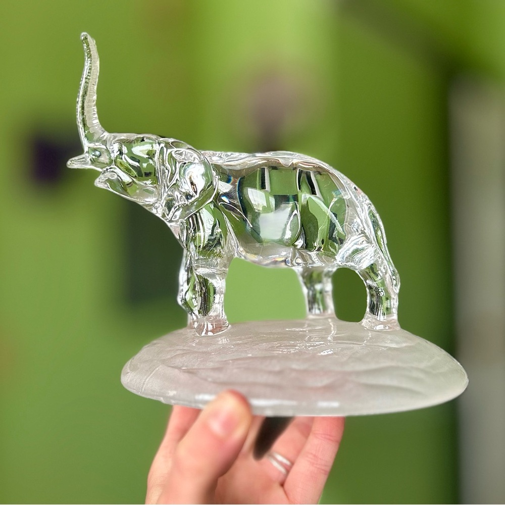 VTG Elegant Glass Elephant Sculpture On Frosted Glass Base Animal Art Figurine